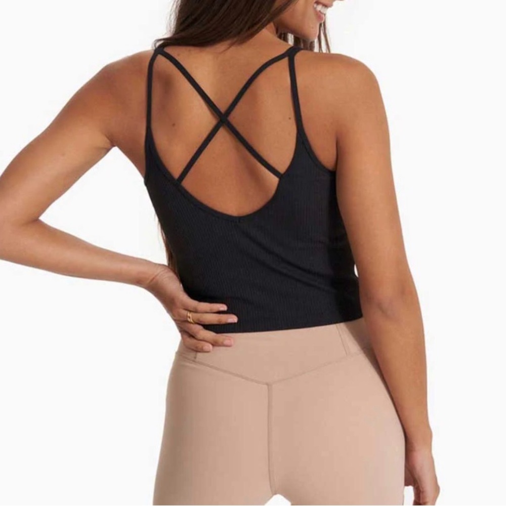 Vuori Black Ribbed Crisscross Back Crop Tank